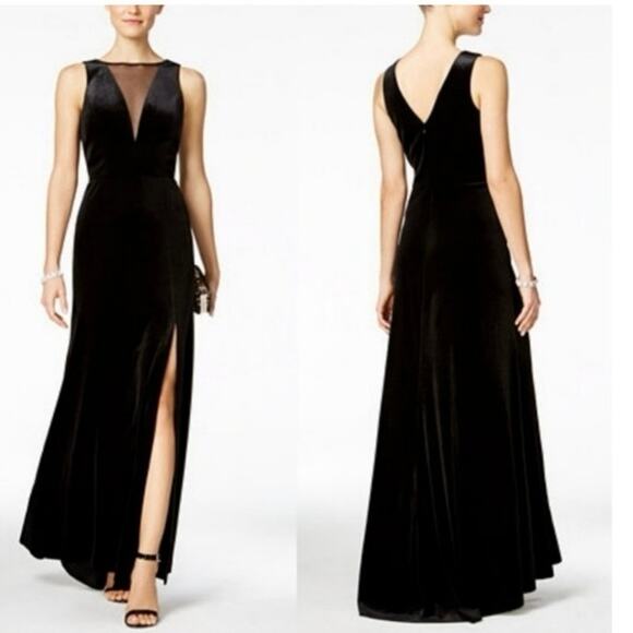 Nightway Dresses & Skirts - Nightway Black Velvet Illusion Plunge V Neck High Slit Maxi Gown Dress Sz 8